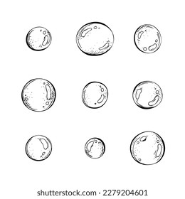 Burbujas de agua, diferentes. Ilustración dibujada a mano en blanco y negro en la técnica gráfica. Objetos vectoriales aislados de la colección GRÁFICOS NAUTICAL. en formato EPS. La decoración y el diseño