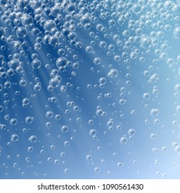 Bubbles in water on blue background. Deep water bubbles illuminated by rays of light. Fizzy sparkles in water. Vector illustration