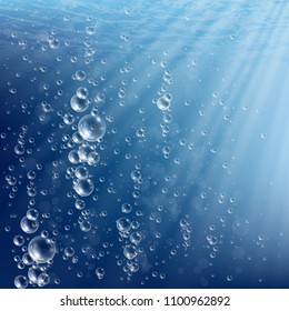 Bubbles in water on blue background. Deep water bubbles illuminated by rays of light. Fizzy sparkles in water. Vector illustration.