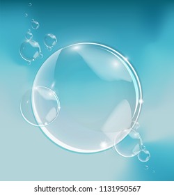 Bubbles in water on blue background horizontal vector. Circle and liquid, light design, clear soapy shiny, vector illustration