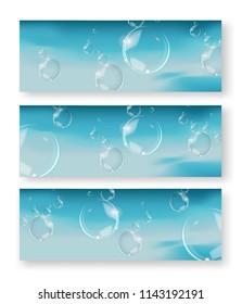 Bubbles in water on blue background horizontal vector. Circle and liquid, light design, clear soapy shiny, vector illustration