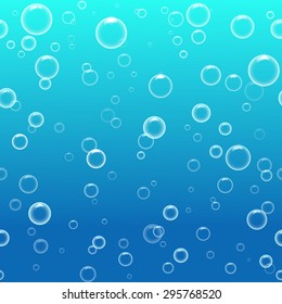 Bubbles in water on blue background horizontal seamless vector pattern.  Circle and liquid, light design, clear soapy shiny  illustration