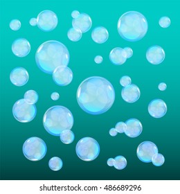 Bubbles in water on blue background horizontal seamless pattern. Circle and liquid, light design, clear soapy shiny, vector illustration art