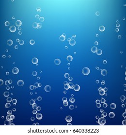 Bubbles In Water On Blue Background. Ocean Deep. Circle And Liquid, Light Design. Clear Soapy Shiny. Vector Illustration