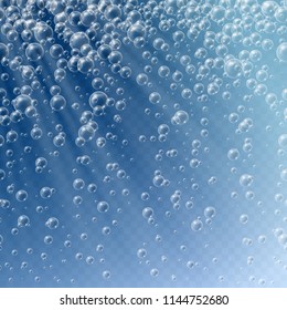 Bubbles in water on blue transparent background. Deep water bubbles illuminated by rays of light. Fizzy sparkles in water. Vector illustration.