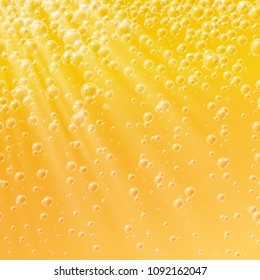 Bubbles in water on orange background. Carbonated drink illuminated by rays of light. Beer bubbles background. Vector illustration.