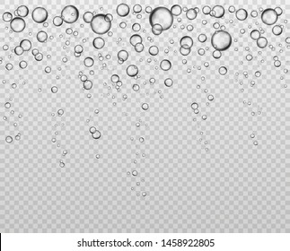 Bubbles At Water Surface. Fizzy Underwater Texture, Soda Bubble Flow. Bubbling Champagne Air Sparkles Close Up Isolated Vector Set For Bubbly Liquid Clear Background