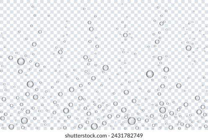 Bubbles water. Underwater sparks on transparent background. Realistic sparkling water. Fizzy air template. Oxygen bubbles effect. Aquarium or soda pop. Vector illustration.