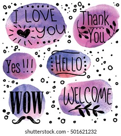 
Bubbles Word. Stylish poster , print , sign. Spot colors and letters. I love you, Thank you, Yes, Hello, WOW, welcome.