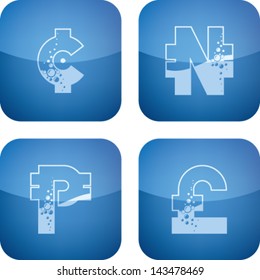 "Bubbles-like" currencies letter symbols. Pictured here left to right, top to bottom:  Cent, Nigerian naira, Philippine peso, British pound.