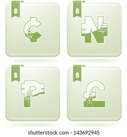 "Bubbles-like" currencies letter symbols. Pictured here left to right, top to bottom:  Cent, Nigerian naira, Philippine peso, British pound.