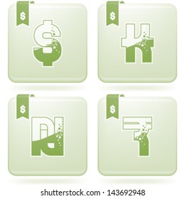 "Bubbles-like" currencies letter symbols. Pictured here left to right, top to bottom:  Dollar, Lao kip, Israeli new shekel, Indian rupee.