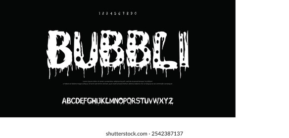 Bubbli Tech Schriftart, digitales Alphabet, fett lateinische Buchstaben A, B, C, D, E, F, G, H, I, J, K, L, M, N, O, P, Q, R, S, T, U, V, W, X, Y, Z und arabische Ziffern 0, 1, 2, 3, 4, 5, 6, 7, 8, 9