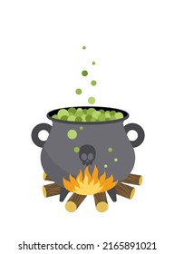Bubbling cauldron with green potion. Witch boiling cauldron on fire. Cartoon, flat. Isolated vector illustration eps