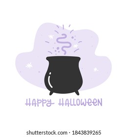 Bubbling cauldron with magical potion. Happy Halloween. Vector illustration, flat design