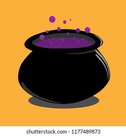 Bubbling cauldron of a witch on an orange background, halloween vector illustration