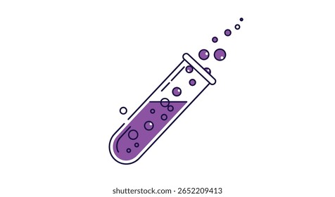 Borbulhar líquido roxo em um tubo de ensaio de laboratório inclinado com pequenas bolhas subindo para cima criando uma sensação de reação química ou exploração de experimento científico