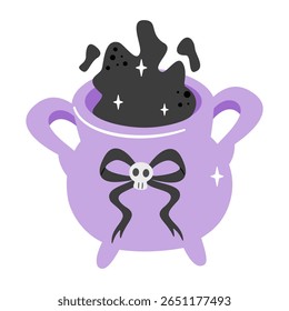 Bubbling purple witch's cauldron with a skull bow, isolated on white. Perfect for Halloween potions and magic