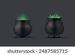 Bubbling witch cauldron with Halloween green boiling poison set realistic vector illustration. Magic liquid portion in iron pot sorcerer witchcraft brew goo cooking alchemy wizard spell