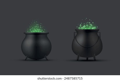 Bubbling witch cauldron with Halloween green boiling poison set realistic vector illustration. Magic liquid portion in iron pot sorcerer witchcraft brew goo cooking alchemy wizard spell