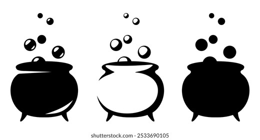 Bubbling witches cauldrons. Black silhouettes of witches cauldrons isolated on a white background. Set of vector illustrations. Hand-drawn, not AI