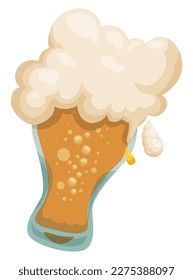 Beba cerveza servida en un vidrio inclinado que derrama algunas gotas y espuma. Diseño aislado al estilo de las caricaturas.