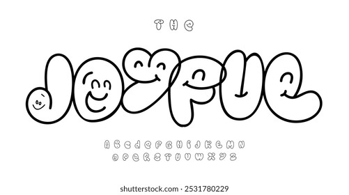 Bubble Zeichentrickschrift mit lächelnden Gesichtern, freundliche Blasenumrissbuchstaben für verspielte fröhliche Kinderdesigns, skurrile Smiley-Schrift, Kinderlogo, Cartoon-Überschrift, skurriles Design. Vektortypensatz.