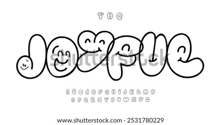 Bubbly cartoon font with smiling faces, friendly bubble outline letters for playful joyful child designs, whimsical smiley font, kid logo, cartoon headline, quirky design. Vector typeset.