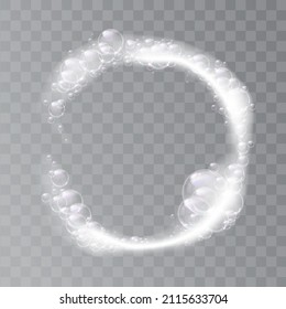 Bubbly and foamy liquid with soap, soapy water for washing and cleaning. Vector cosmetic products or detergent for hygiene and cleanliness, shampoo or gel. Bubbles forming circle, transparent