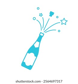 Bubbly Midnight Toast, Champagne and Stars. Isolated on white