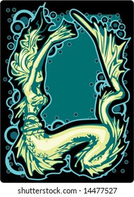 Bubbly Swimming Mermaid in black and blues background vector illustration