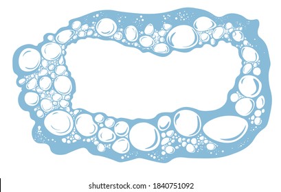 Bubbly water or foam with bubbles, isolated banner with copy space. Creamy liquid soapsuds, or mousse used in cosmetics. Washing or cleaning liquid, hygiene or bathing, place for text, vector in flat