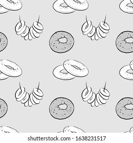 Bublik seamless pattern greyscale drawing. Useable for wallpaper or any sized decoration. Handdrawn Vector Illustration