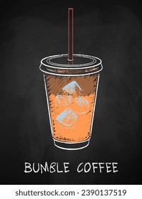 Bubmle coffee disposable cup isolated on black chalkboard background. Vector chalk drawn sideview grunge illustration.