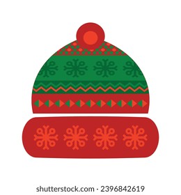 Bubo knitted headwear with Norwegian national holiday pattern in red and green colors. Knitted headgear in handmade knitted ornate style. Simple flat vector isolated on white background