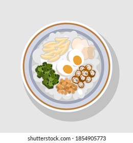 bubur ayam (chicken porridge), Indonesian traditional food with peanut, slice fried tofu, boiled egg and krupuk (prawn crackers) vector illustration