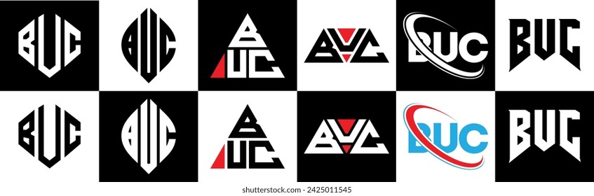 BUC letter logo design in six style. BUC polygon, circle, triangle, hexagon, flat and simple style with black and white color variation letter logo set in one artboard. BUC minimalist and classic logo