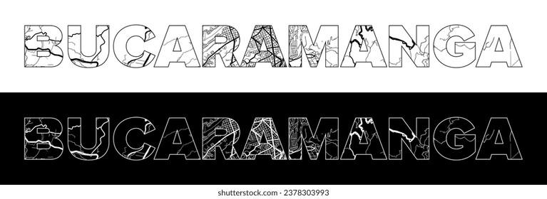 Nombre de la ciudad de Bucaramanga (Colombia, Sudamérica) con ilustración de mapa de ciudad blanca negra vectorial