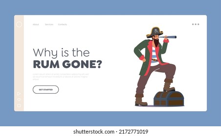 Buccaneer Character Landing Page Template. Pirate With Spyglass Look Into the Distance. Robber Wear Costume and Cocked Hat with Jolly Roger and Loot in Trunk, Cartoon People Vector Illustration