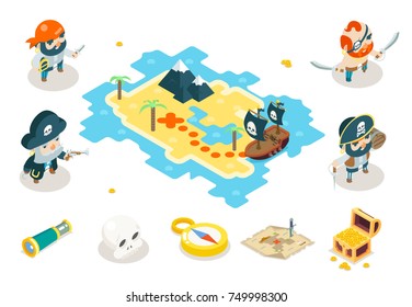 Buccaneer Filibuster Corsair Ocean Sea Dog Pirate Treasure Adventure Game RPG Map Characters Icon Isometric Symbol isolated Flat Design Vector Illustration