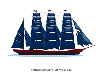 Buccaneer pirate ancient frigate sail ship. Privateer ancient galleon warship. Buccaneer antique caravel ship isolated vector or pirate historical frigate vessel with skull and bones on sails