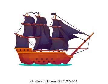 Buccaneer pirate historical frigate sail ship. Buccaneer ancient caravel warship. Privateer old frigate vessel isolated vector or pirate historical galleon ship with black sails