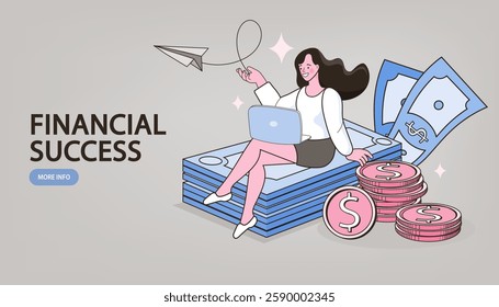Buccessful business woman standing nearby with a pile of money and her wallet. Financial advisor. Saving Money or Cash Back Concept. Flat Isometric Vector Illustration.