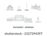 Bucharest buildings Romania. Romanian Athenaeum, Manastirea Stavropoleos, Memorialul Renasterii,  Palatul CEC, Palace of the Parliament, Foisorul de Foc. Fire Tower, Palace, Memorial, Monastery, Opera