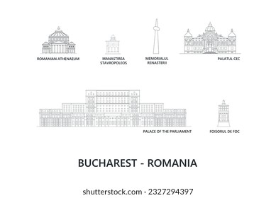 Bucharest buildings Romania. Romanian Athenaeum, Manastirea Stavropoleos, Memorialul Renasterii,  Palatul CEC, Palace of the Parliament, Foisorul de Foc. Fire Tower, Palace, Memorial, Monastery, Opera