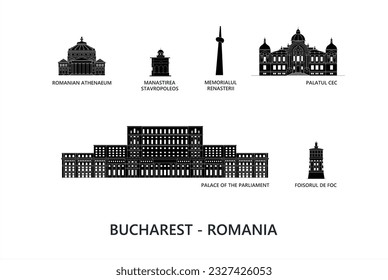 Bucharest buildings Romania. Romanian Athenaeum, Manastirea Stavropoleos, Memorialul Renasterii,  Palatul CEC, Palace of the Parliament, Foisorul de Foc. Fire Tower, Palace, Memorial, Monastery, Opera