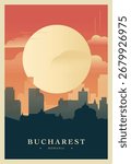 Bucharest city brutalism poster with abstract skyline, cityscape retro vector illustration. Romania capital travel front cover, brochure, flyer, leaflet, business presentation template image