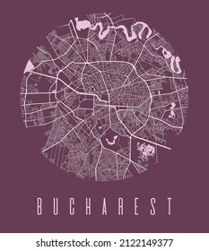 Bucharest city map circle poster. Round circular road aerial view, street map vector illustration. Cityscape area panorama with water.