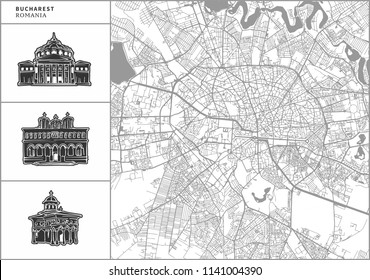 Bucharest city map with hand-drawn architecture icons. All drawigns, map and background separated for easy color change. Easy repositioning in vector version.