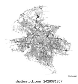 Bucharest city map with roads and streets, Romania. Vector outline illustration.
